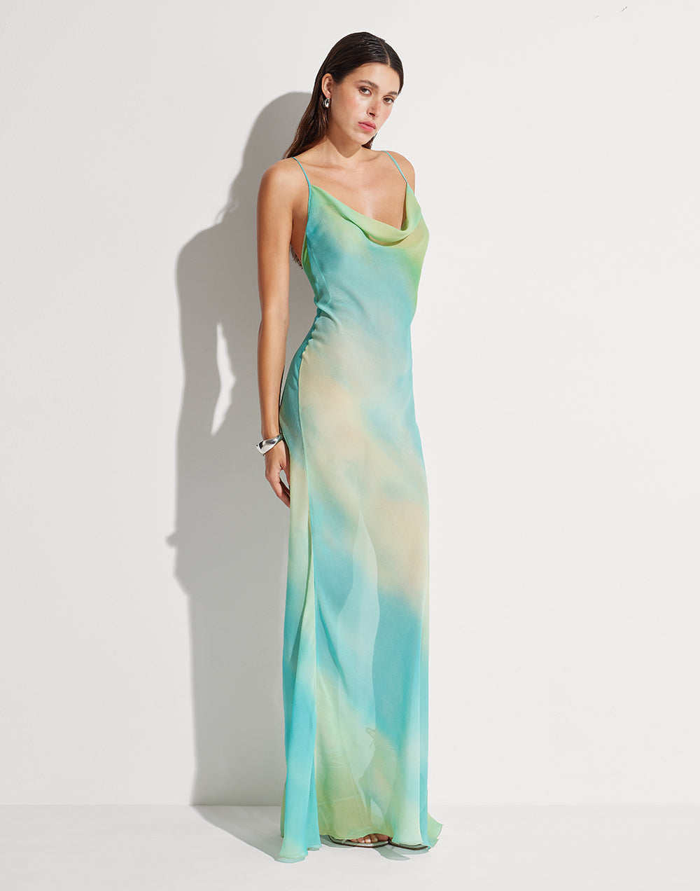 Watercolor Silk Slip Dress with Cowl Neck