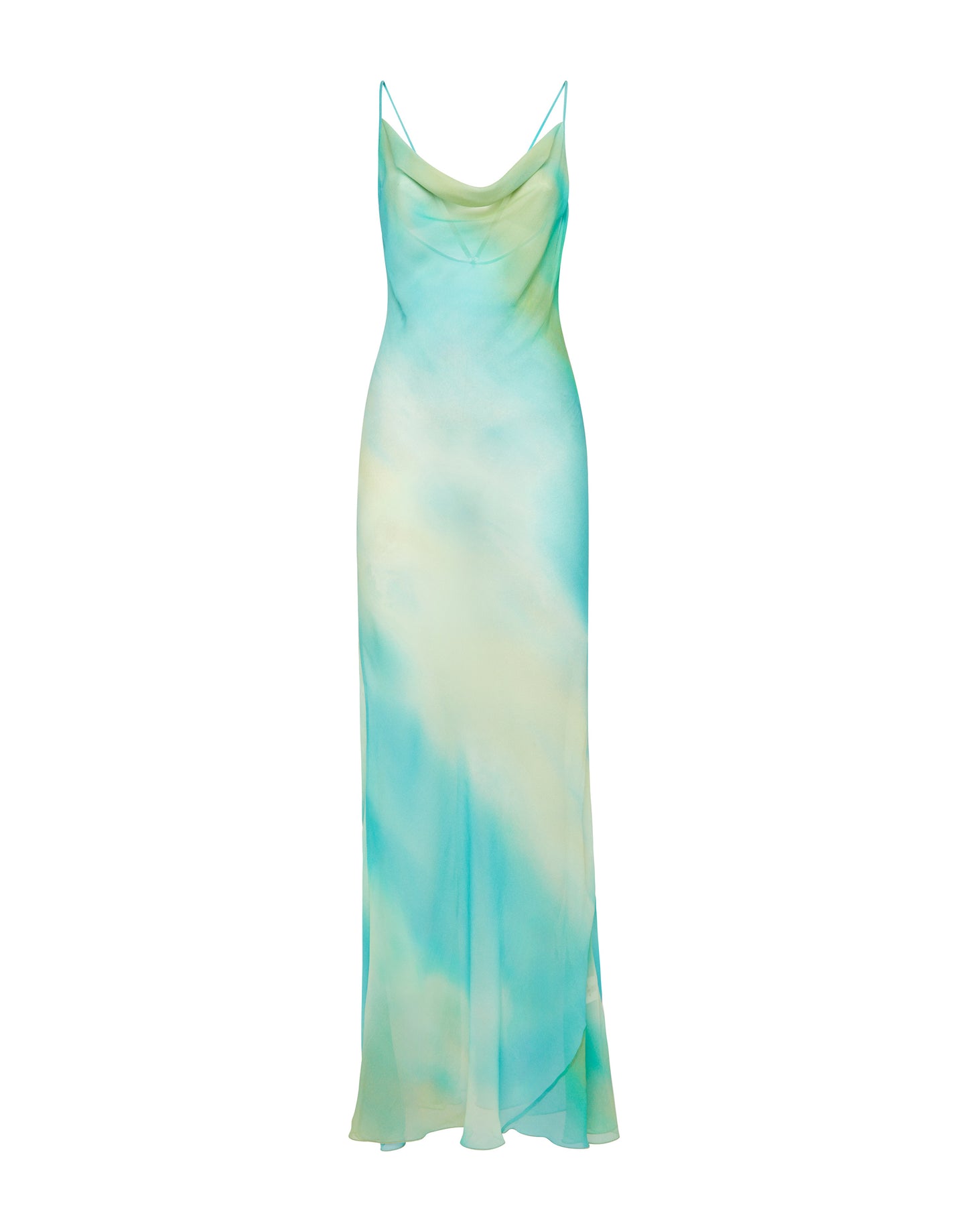 Watercolor Silk Slip Dress with Cowl Neck