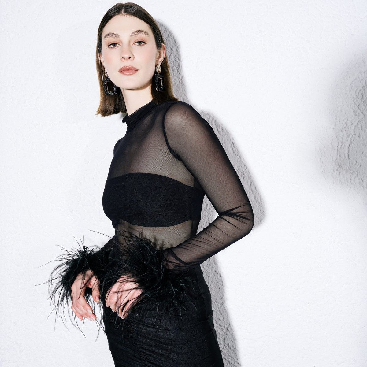 Mabel Dress by Silence Limited, black long dress with sheer tulle and feather cuffs