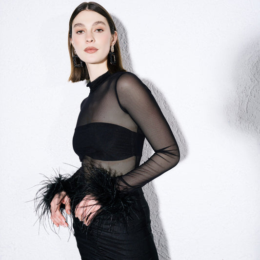 Mabel Dress by Silence Limited, black long dress with sheer tulle and feather cuffs