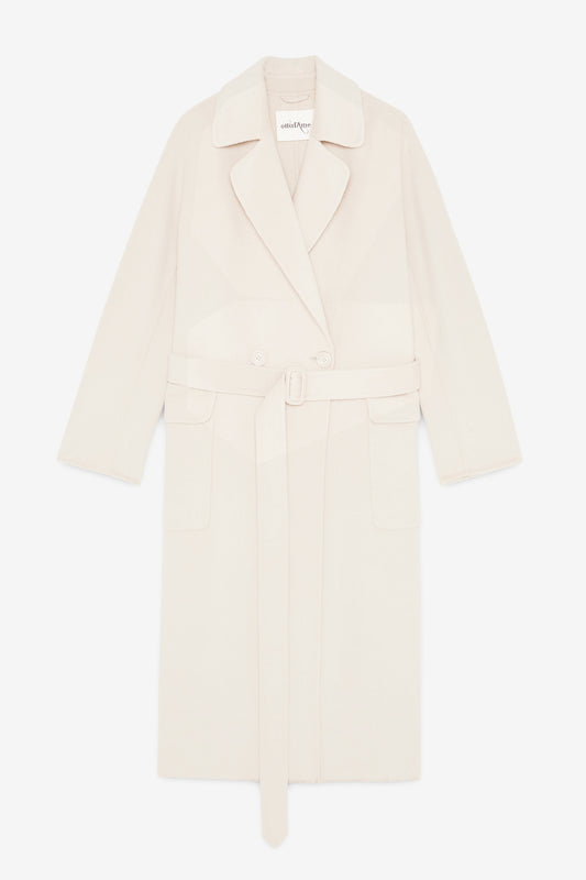 Wool-blend long trench ecru