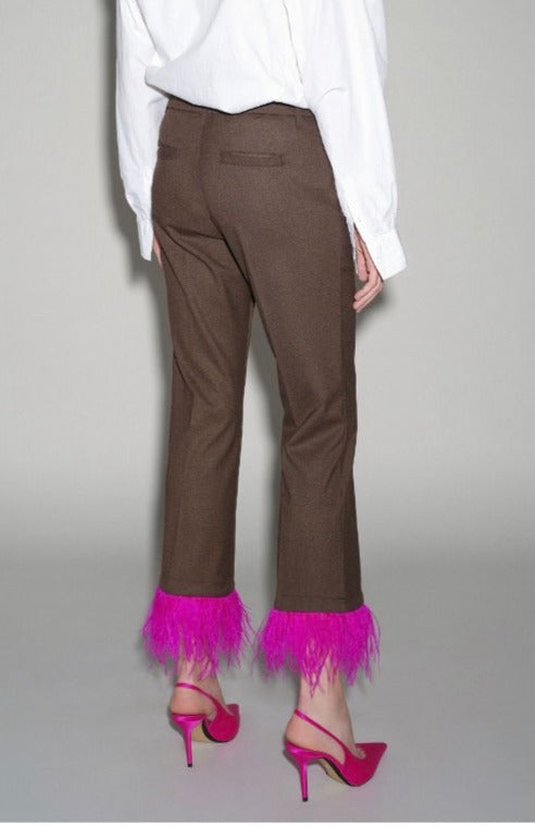 Pantaloni misto lana con frange a contrasto
