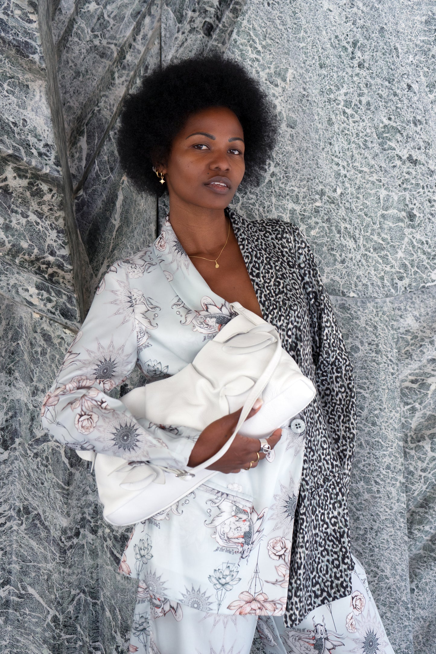 Double-breasted blazer in satin with tattoo print azur
