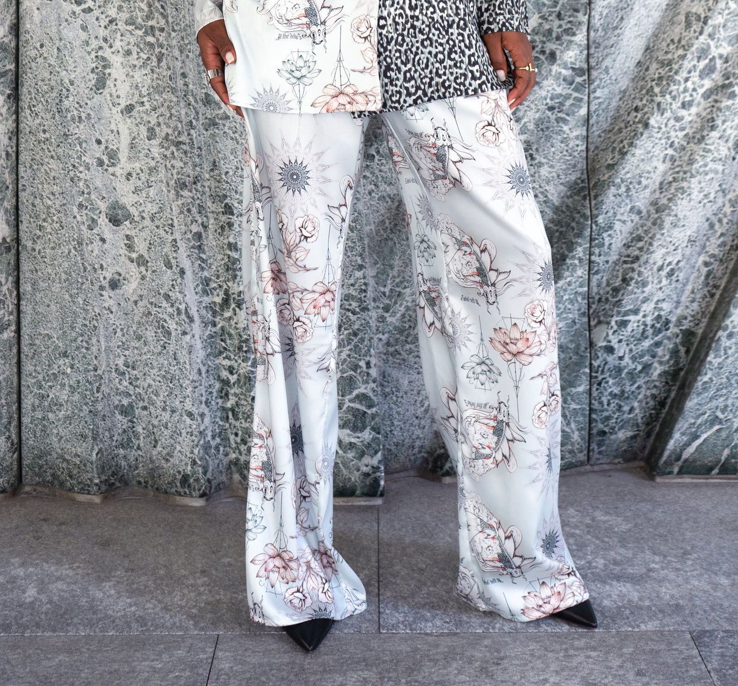 Alan trousers in printed satin Tatoo Azur