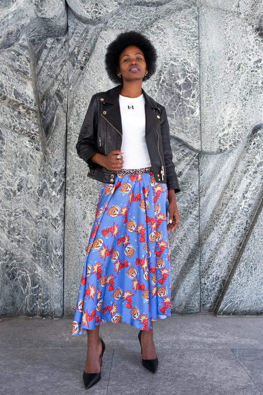 Tiger and glove printed satin sissy skirt